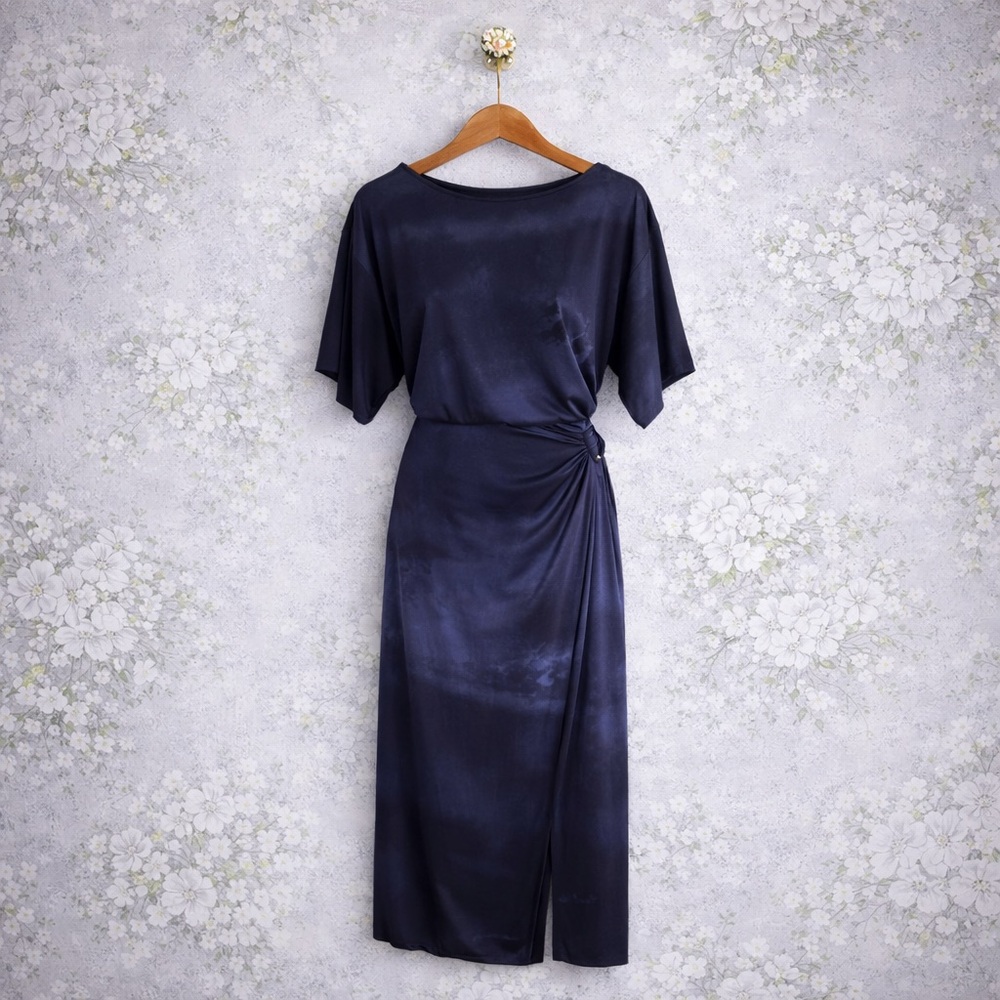 Free People Black Navy elastic waist tie dye short sleeve belted wrap dress XS